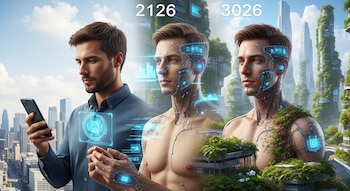 Hombre con smartphone en ciudad moderna; hombre con implantes tecnológicos y hologramas en ciudad futurista; hombre con tecnología integrada en metrópolis ecológica.
