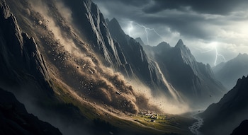 Un gran deslizamiento de tierra cae por una montaña rocosa hacia un asentamiento con casas pequeñas y un río en un valle. Relámpagos cruzan un cielo oscuro y nublado.