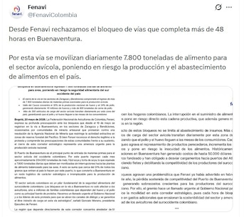 Fenavi alertó por más de 7.000 toneldas de alimento que dependen del puerto de Buenaventura - crédito @FenaviColombia/X