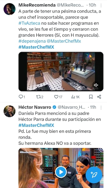 Dos publicaciones de la red social X (anteriormente Twitter) sobre el estreno de MasterChef México 2026, con imágenes incrustadas de escenas de cocina del programa