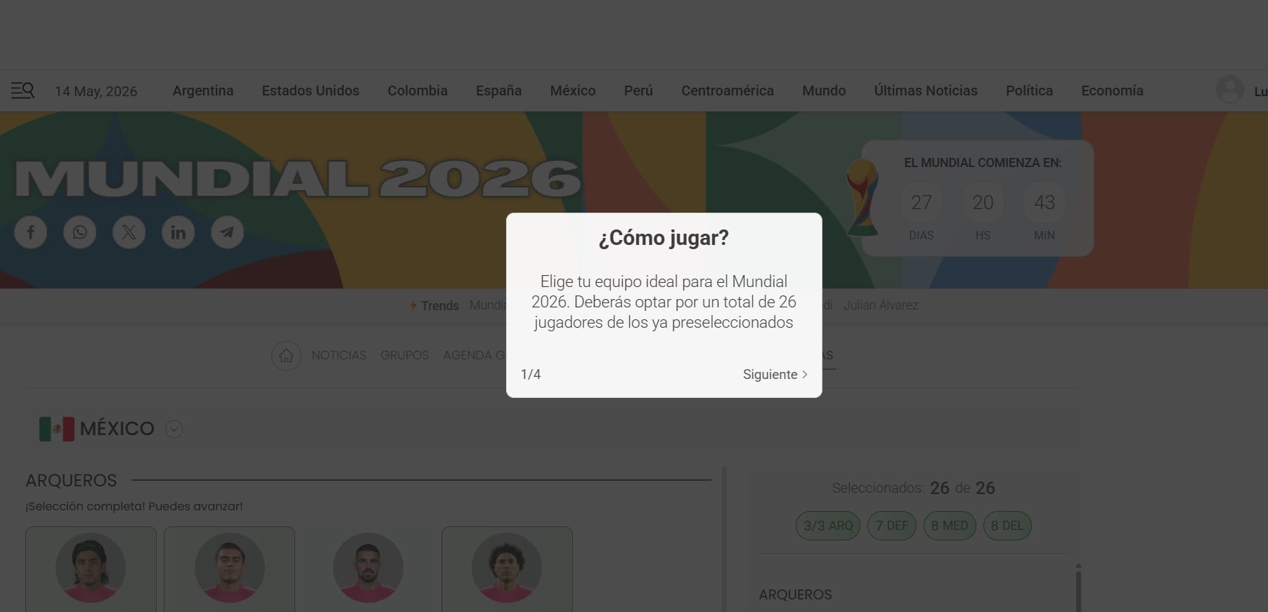 La plataforma Infobae lanza un juego interactivo donde los usuarios pueden crear su selección ideal para el Mundial 2026, eligiendo 26 jugadores preseleccionados de diferentes posiciones. (Infobae México)