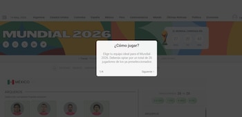 Pantalla de Infobae mostrando el juego del Mundial 2026, con un pop-up de instrucciones y la sección de arqueros de México con imágenes de jugadores