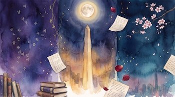 Ilustración de acuarela con Obelisco, luna llena, libros apilados, hojas escritas, pétalos, caracteres hangul, una rama de cerezo y un skyline.