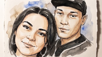 Ilustración en acuarela de una mujer de cabello oscuro con aros y un hombre con gorra negra de béisbol y piercing en la nariz.