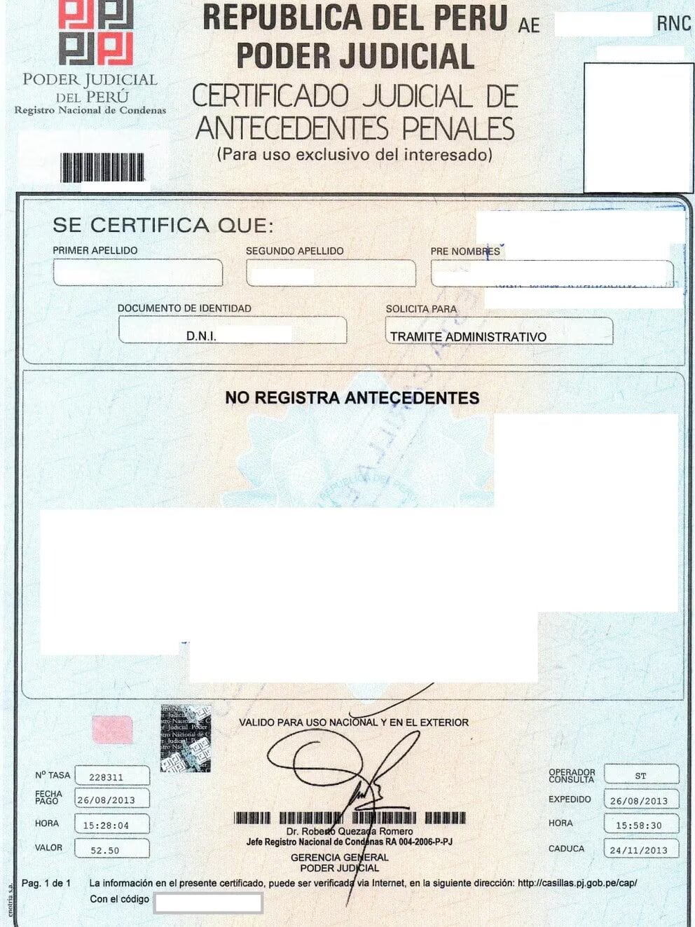 Documento que certifica si registra antecedentes penales.