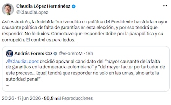 Claudia López reiteró acusaciones contra Gustavo Petro tras críticas de Andrés Forero - crédito @ClaudiaLopez/X