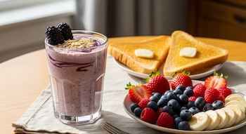 Un vaso de licuado de avena y moras con avena y moras, dos tostadas con mantequilla y un plato de fresas, arándanos, frambuesas y plátano.