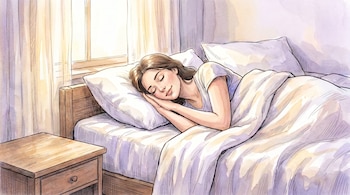Ilustración de una mujer durmiendo de lado en una cama con sábanas blancas y almohada. La luz del sol entra por una ventana con cortinas.
