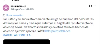 El mensaje de la vocera de la organización a la representante a la Cámara, "Lalis" - crédito @AngelCano160218/X