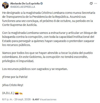 De La Espriella sumó a Lombana en sus ploanes de estructurar un bloque de búsqueda contra la corrupción para perseguir el saqueo de los fondos públicos - @ABDELAESPRIELLA/X
