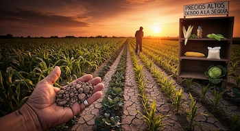 Una mano sostiene tierra seca y agrietada en primer plano, con un campo de maíz seco, un agricultor, y un estante con pocos productos agrícolas bajo un cielo naranja al atardecer.