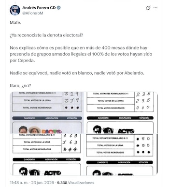 El representante del Centro Democrático presentó registros E-14 como sustento de sus señalamientos sobre posibles irregularidades - crédito @AForeroM/X