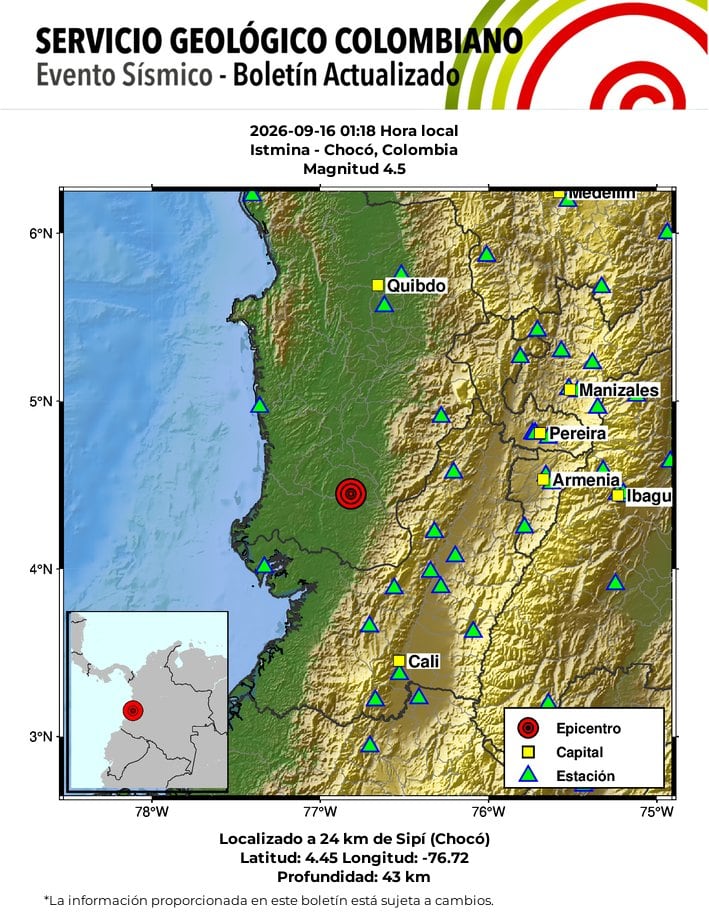 El Servicio Geológico Colombiano informó que el sismo de mayor magnitud alcanzó 4,5 en Istmina a la 1:18 a. m., con una profundidad de 43 kilómetros - crédito SGC