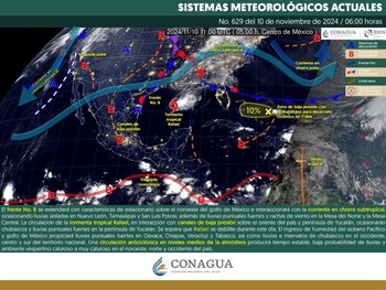Sistemas meteorológicos que influirán hoy en el clima de México. (SMN)