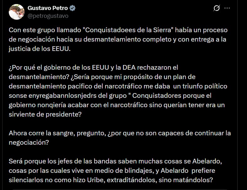 Gustavo Petro sostuvo que el objetivo de esa iniciativa era avanzar hacia un desarme pacífico de estructuras vinculadas al narcotráfico - crédito @petrogustavo/X
