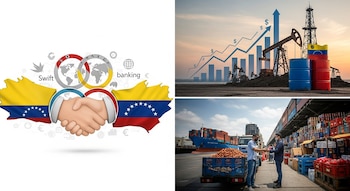 Dibujo de dos manos estrechando, banderas de Colombia y Venezuela, los logotipos de Swift y de banca, iconos de mapas mundiales y dinero.