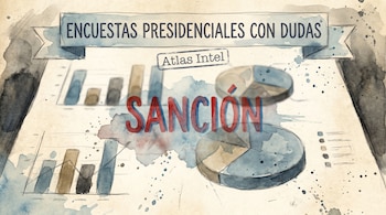Ilustración de acuarela sobre papel que muestra un titular "ENCUESTAS PRESIDENCIALES CON DUDAS", un sello "Atlas Intel" y la palabra "SANCIÓN" en rojo sobre gráficos.