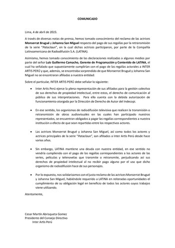 Comunicado de Inter Artis Perú