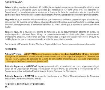 Documento oficial con texto en español. Aceptación de la renuncia de Luis Isael Rubio Idrogo como candidato a alcalde para Elecciones Municipales Lima 2026