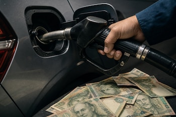 Mano sosteniendo la manguera de un surtidor en el tanque de un automóvil gris sobre varios billetes de soles peruanos.