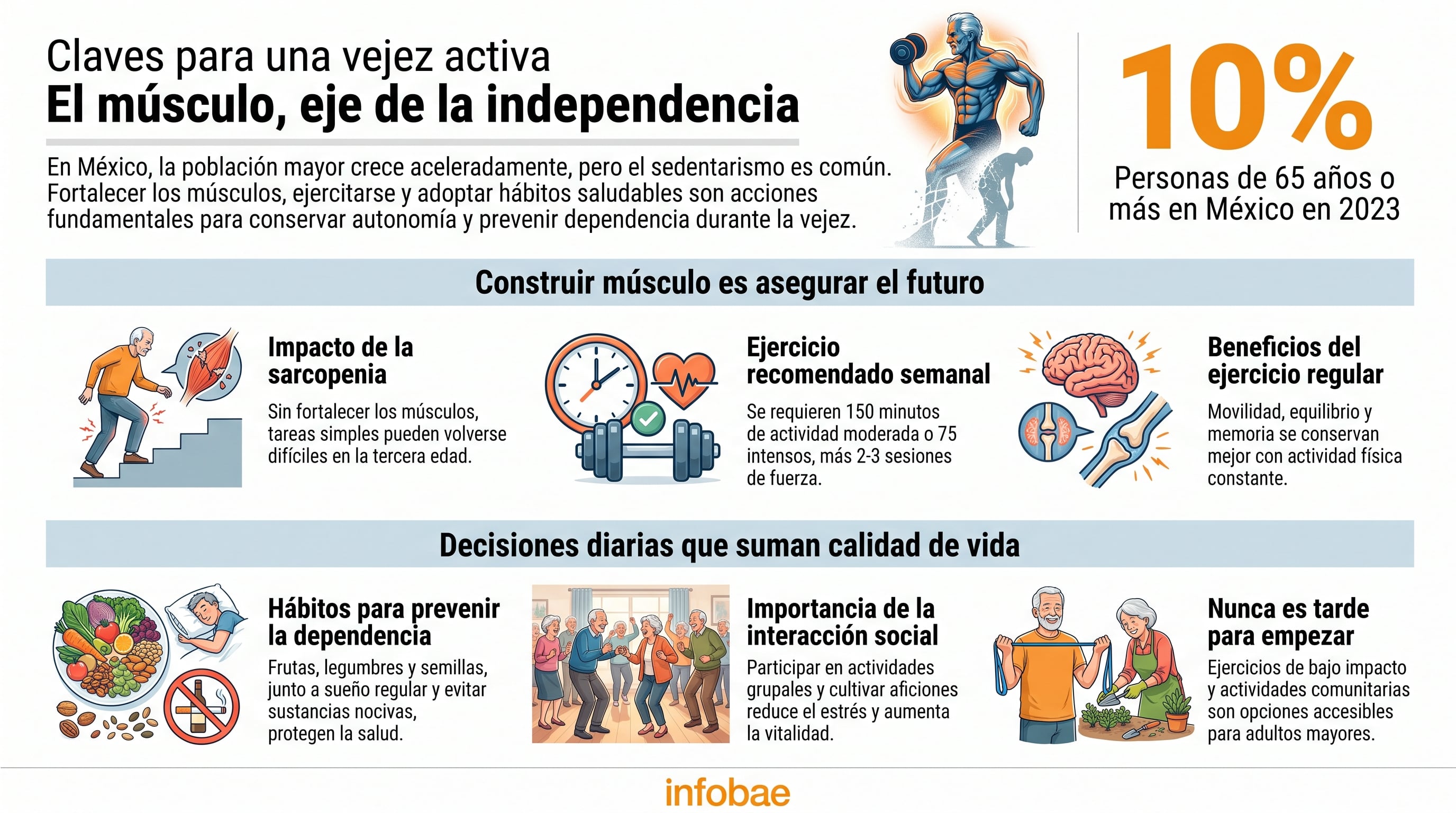 Una infografía de Infobae señala que el 10% de la población en México tenía 65 años o más en 2023 y detalla recomendaciones físicas para conservar la autonomía en la vejez. (Imagen Ilustrativa Infobae)