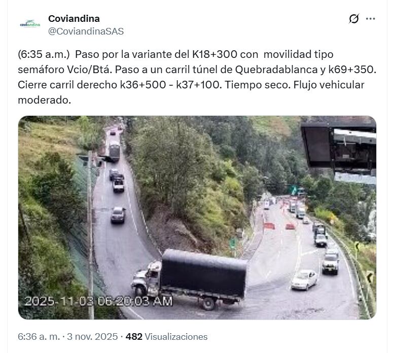 La movilidad en la vía al Llano en moderada - crédito Coviandina/X