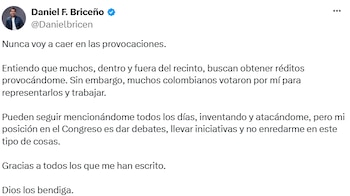 Daniel Briceño aseguró que continuará concentrado en los debates y las iniciativas que adelante desde el Congreso. - crédito @Danielbricen/X