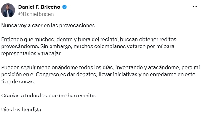 Daniel Briceño aseguró que continuará concentrado en los debates y las iniciativas que adelante desde el Congreso. - crédito @Danielbricen/X