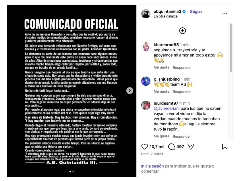 AB Quintanilla comunicado - (Instagram)