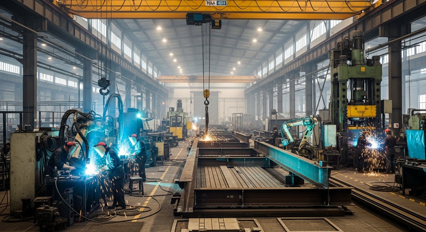 Trabajadores protegidos realizan tareas de soldadura de componentes metálicos en una moderna planta de industria metalmecánica, mientras la maquinaria pesada y grúas operan en el entorno industrial. (Imagen Ilustrativa Infobae)