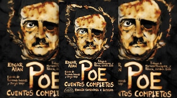 La portada de un libro con una ilustración de Edgar Allan Poe en tonos ocre y negro. El título "POE Cuentos Completos" es visible en la parte inferior.