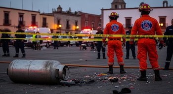 Bomberos de Jalisco y cintas de seguridad amarillas acordonan una plaza pública al anochecer, donde se ve un tanque de gas caído parcialmente quemado y pirotecnia.