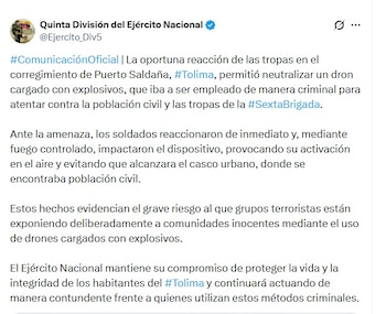 La institución militar precisó que el dispositivo se activó en el aire tras una acción con fuego controlado - crédito @Ejercito_Div5/X
