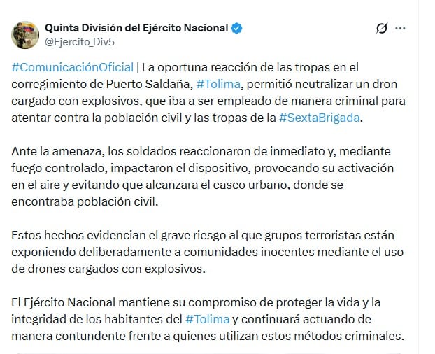La institución militar precisó que el dispositivo se activó en el aire tras una acción con fuego controlado - crédito @Ejercito_Div5/X