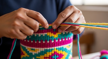 Primer plano de unas manos tejiendo una mochila de ganchillo con hilos turquesa, fucsia, amarillo y blanco, formando patrones.