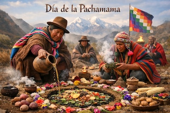 Varias personas indígenas realizan un ritual con ofrendas de alimentos, flores y líquido, humo, una bandera Wiphala y montañas nevadas.