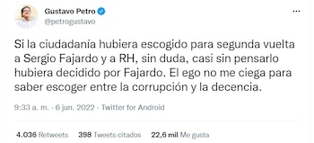 Gustavo Petro respondiéndole a Sergio Fajardo por su decisión de votar en blanco.