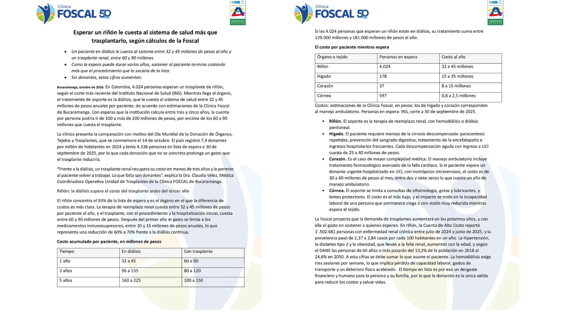 La Foscal estima que trasplantar un riñón resulta menos costoso que sostener años de diálisis - crédito suministrado a Infobae Colombia