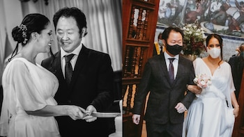 Díptico de pareja en su matrimonio: una foto en blanco y negro cortando pastel y otra a color donde caminan con mascarillas y un ramo de flores