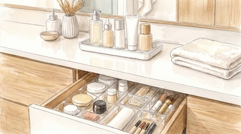 Ilustración en acuarela de un tocador de baño. Se ven productos de cuidado personal sobre la encimera y un cajón abierto con organizadores y cosméticos.
