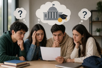 Cuatro jóvenes sentados a una mesa miran un papel, con globos de pensamiento que muestran signos de interrogación y un edificio gubernamental.