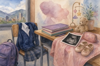 Un pupitre con cuadernos, una ecografía y zapatos infantiles junto a una silla con uniforme escolar y una mochila en un aula.