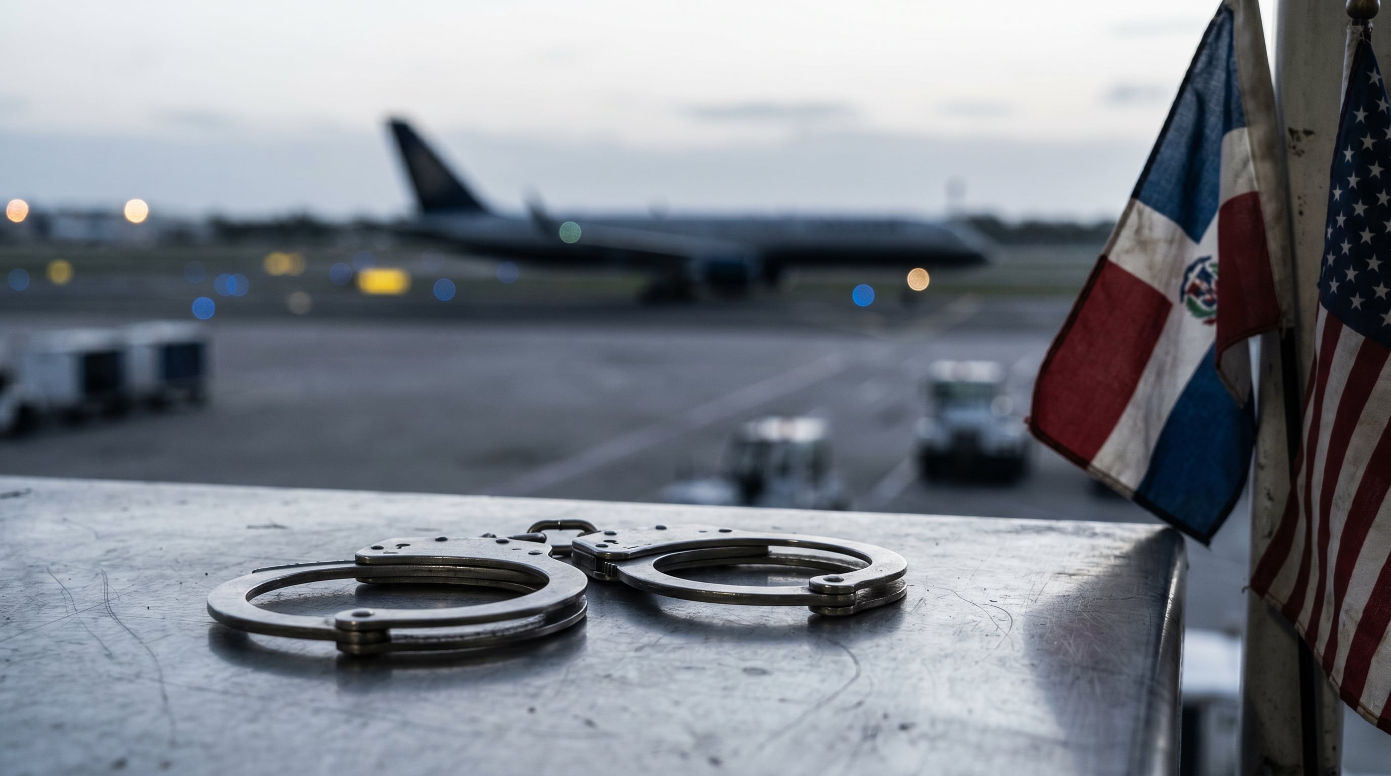 Unas esposas de acero inoxidable yacen sobre una superficie metálica en primer plano, mientras al fondo desenfocado se aprecian las banderas dominicana y estadounidense junto a un avión en la pista de un aeropuerto internacional al amanecer, simbolizando cooperación judicial. (Imagen Ilustrativa Infobae)
