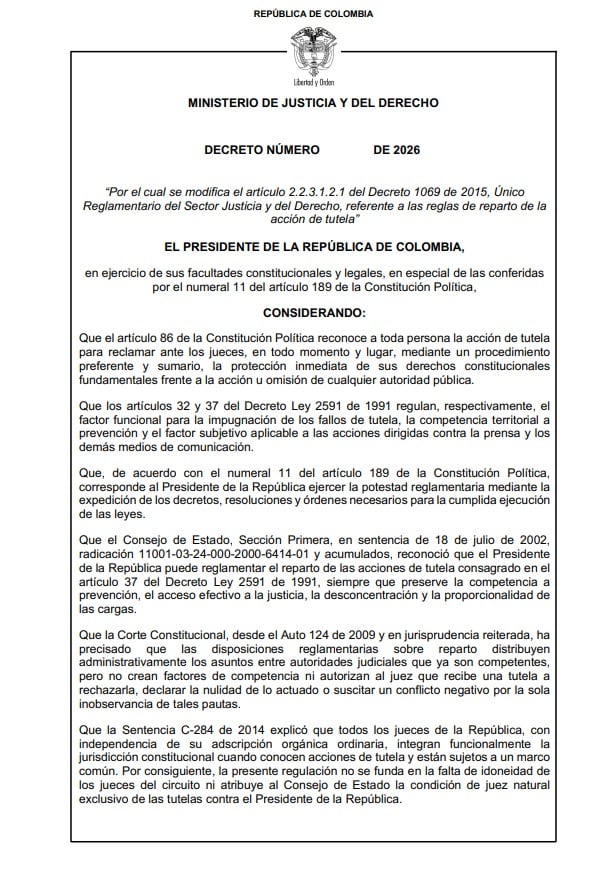 Este es el borrador del decreto del Ministerio de Justicia con el que las tutelas contra el presidente volverían al Consejo de Estado - crédito suministrada a Infdbae Colombia
