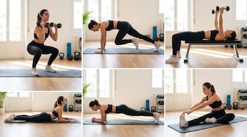 Collage de seis imágenes de una mujer con ropa deportiva negra realizando ejercicios: sentadillas, escalador, press de banca, cobra, plancha y estiramiento en el suelo.
