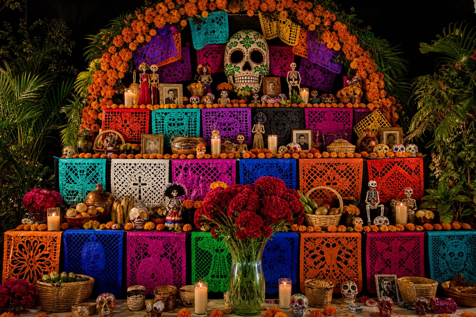 Más que un elemento decorativo, el papel picado multicolor permite que cada ofrenda exprese respeto, duelo y memoria según la historia de quienes ya no están.(Imagen Ilustrativa Infobae)