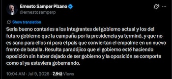 Ernesto Samper hizo un llamado al Gobierno saliente y al Gobierno entrante para dejar atrás la confrontación propia de la campaña presidencial y concentrarse en una transición institucional durante el proceso de empalme - crédito @ernestosamperp/X