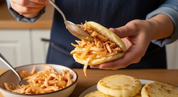 Una persona con delantal azul rellena una arepa dorada con pollo desmenuzado y cebolla salteada usando una cuchara; un bol con más relleno y arepas en la mesa.