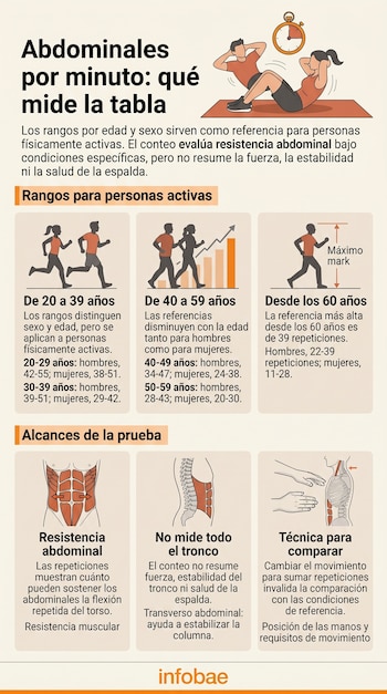 Infografía con ilustraciones de personas haciendo ejercicio, esquemas anatómicos musculares y tablas con cifras de repeticiones de abdominales.