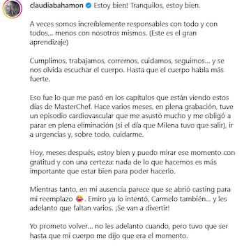 Meses después del episodio, Bahamón dijo que su recuperación le permitió mirar lo ocurrido con otra perspectiva - crédito @claudiabahamon/ Instagram